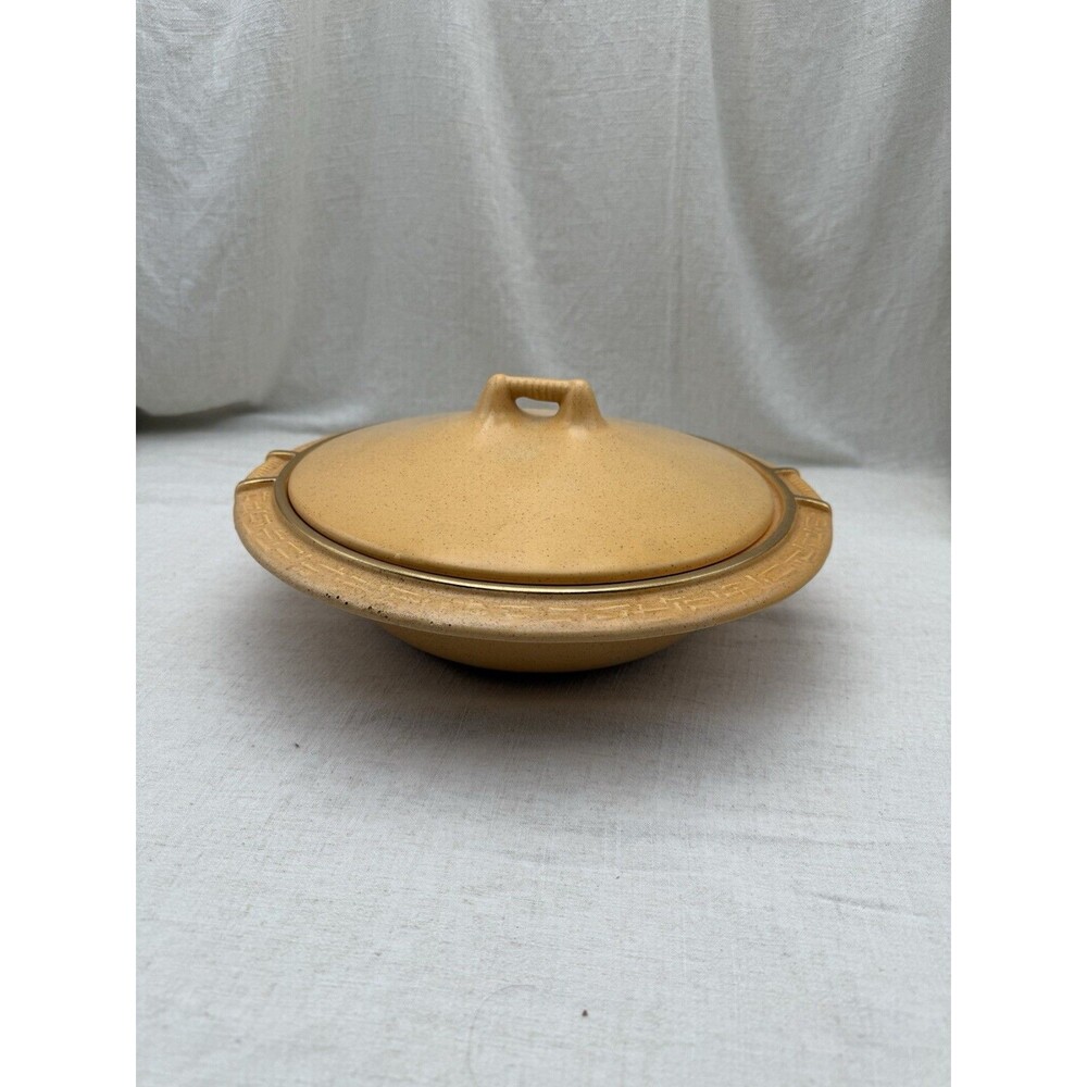 Vintage Yellow Pottery Covered Casserole Dish Mid Century California Style Bowl